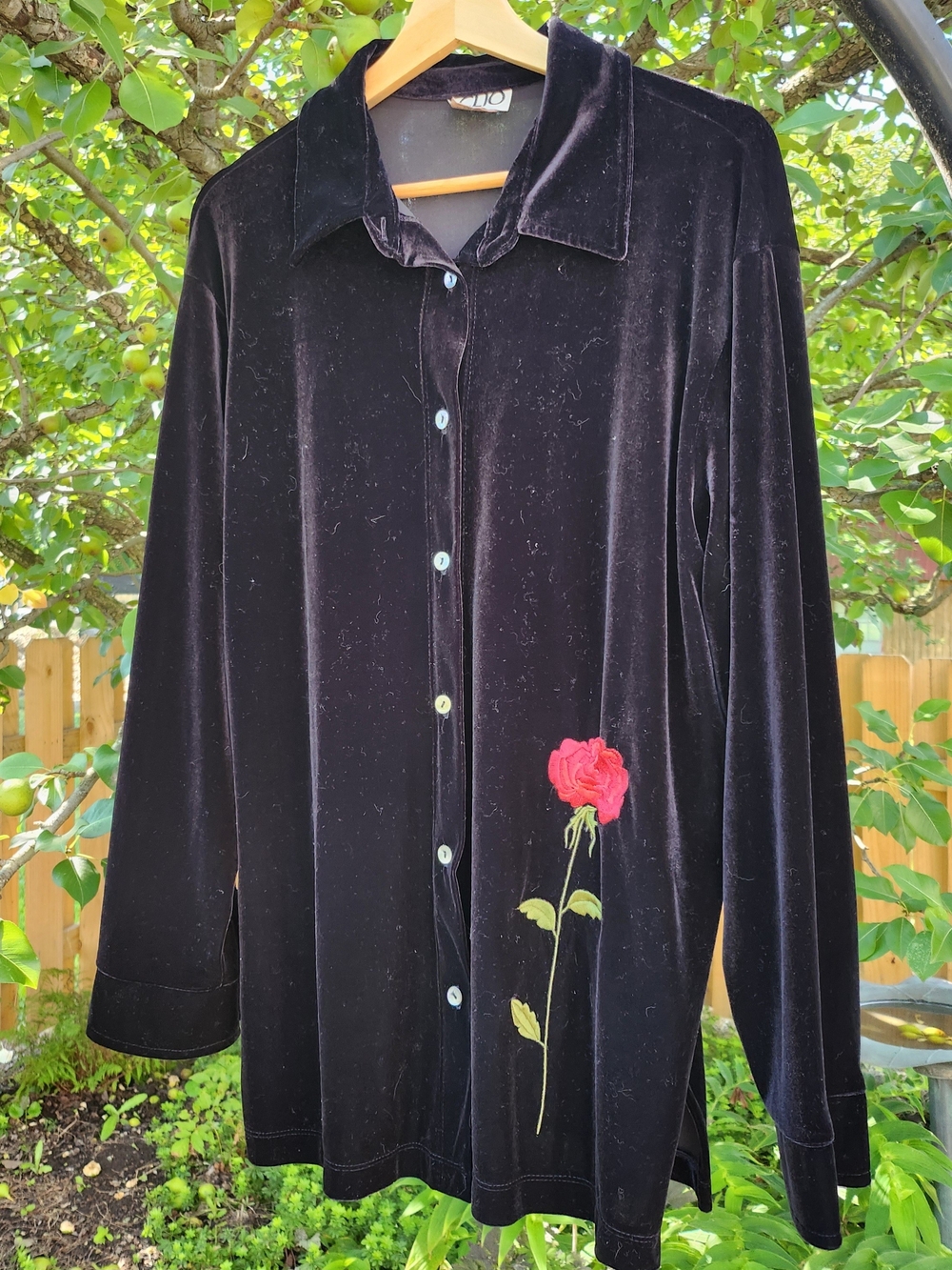 Vtg 90s Clio L Black Velvet Button-Down Shirt Red Rose Embroidery Goth Vampire